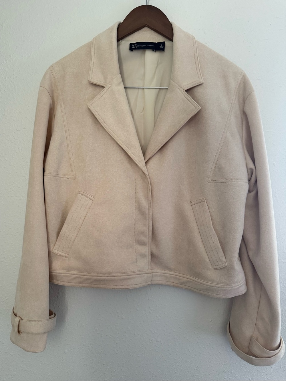 New York & Company Faux Suede Cropped Open Front Jacket Cream Large